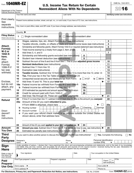 1040NR-EZ Tax Form Sample