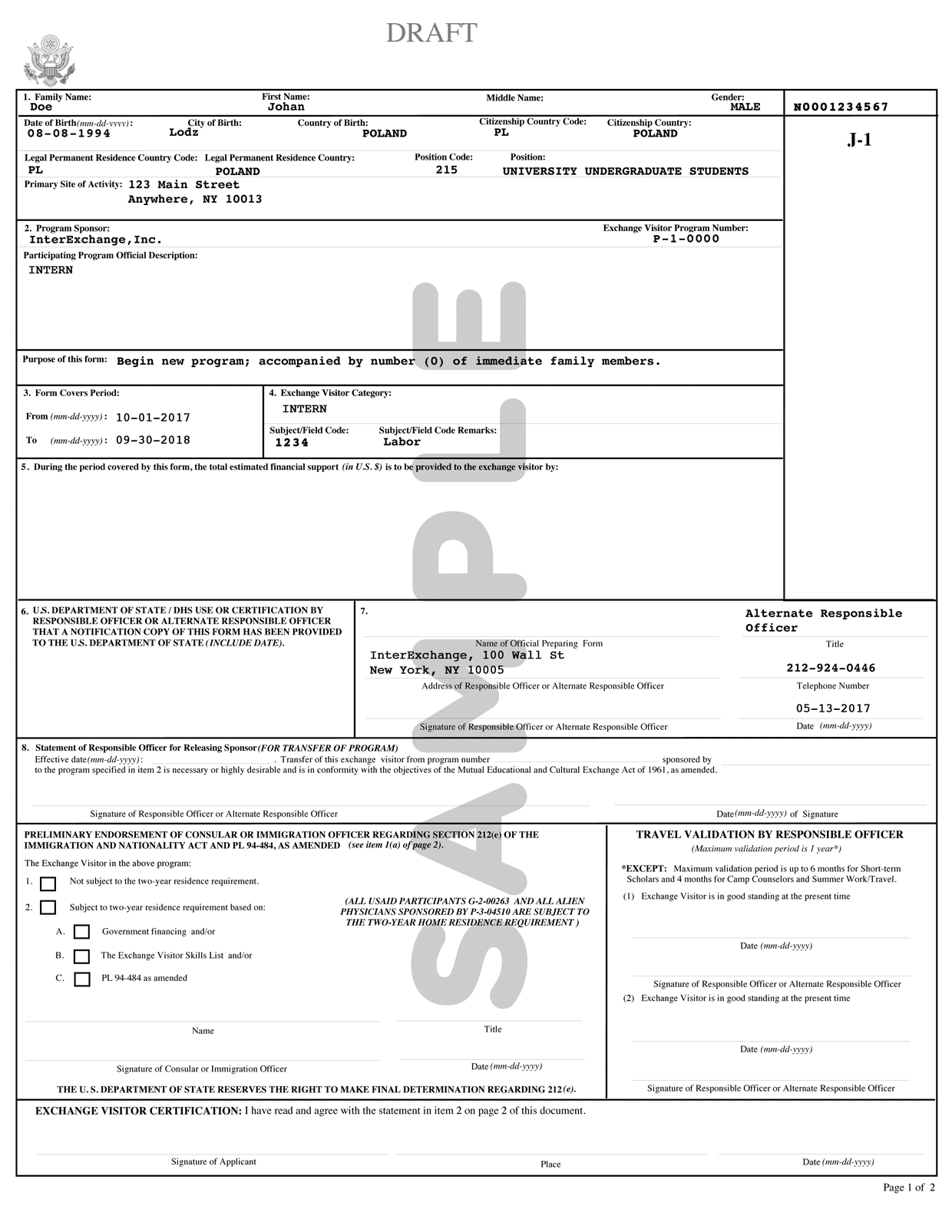 Sample Form DS-2019