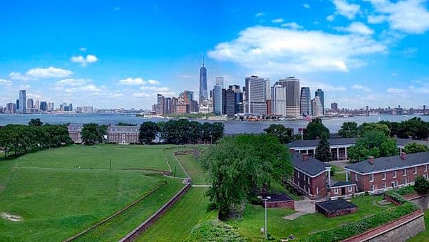 The lower Manhattan skyline, as seen from Governors Island.
