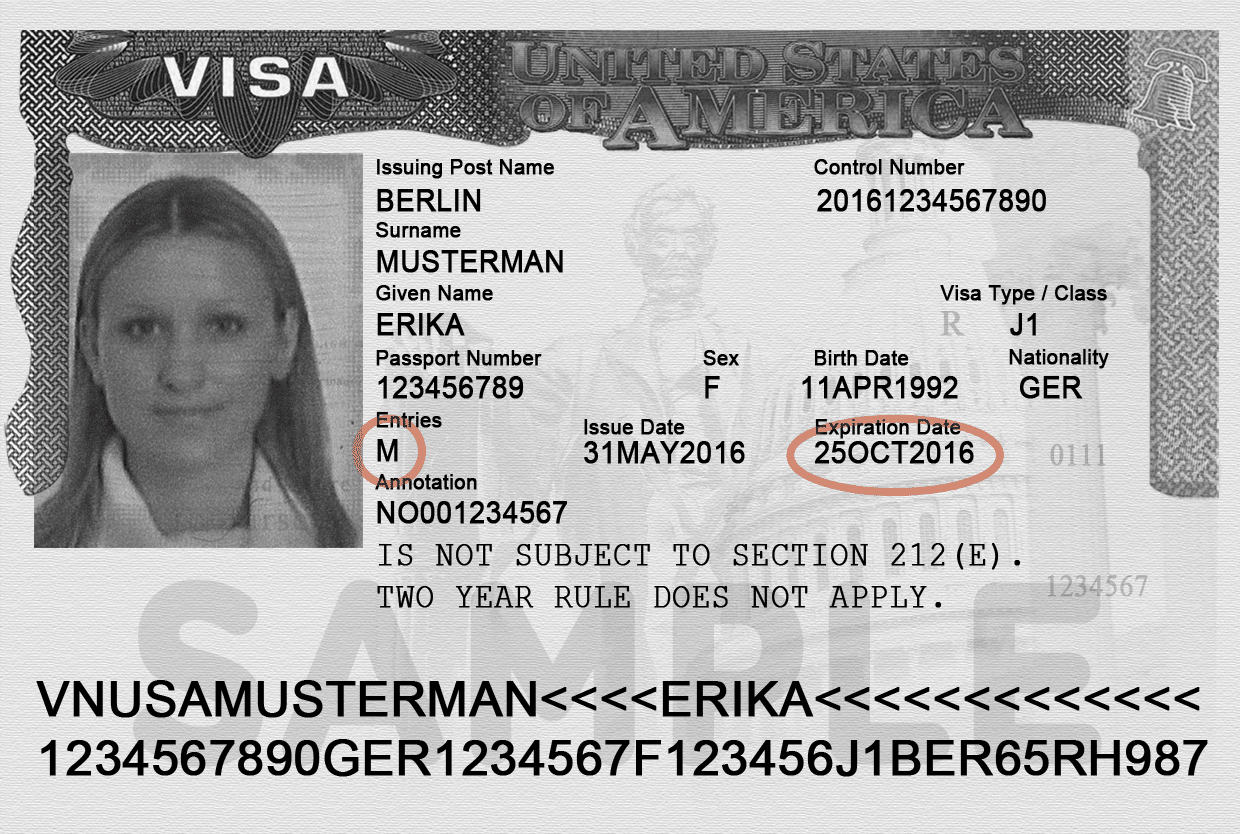 Sample USA J-1 Visa document