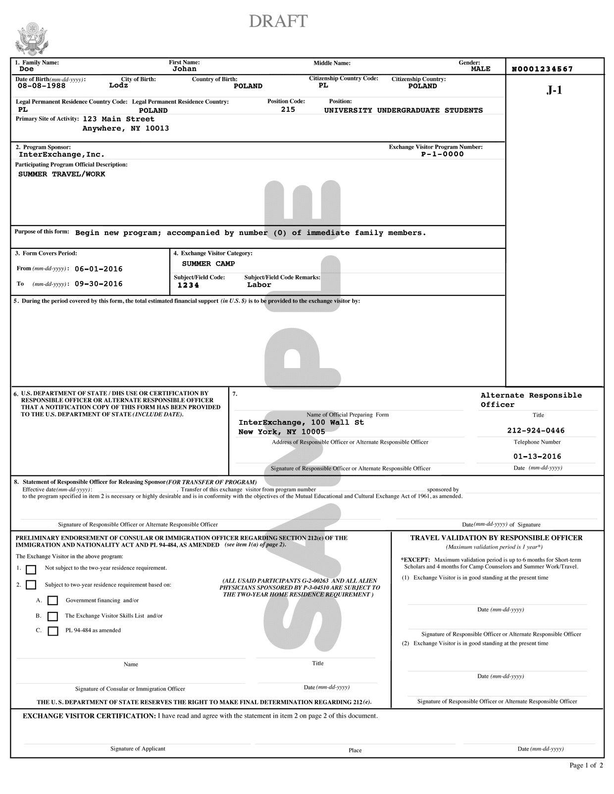 Sample DS-2019 form document