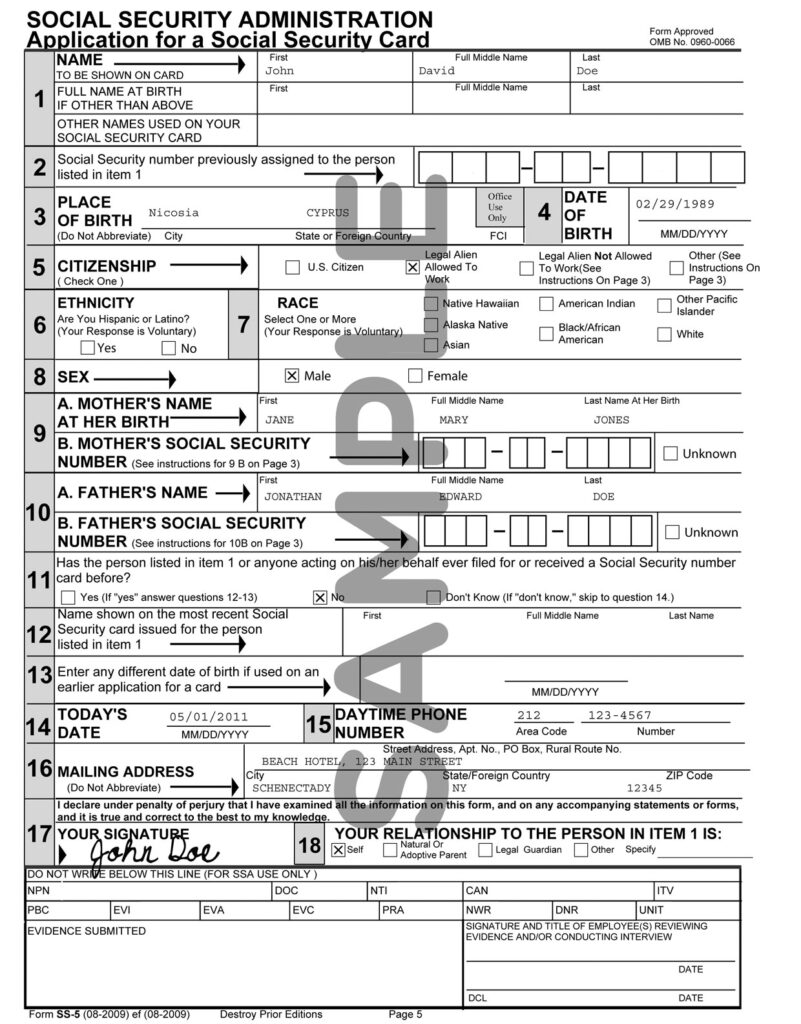 Sample Social Security Application form