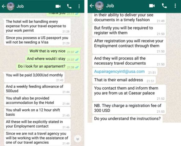 Here is an example of a scam over WhatsApp. The working hours and accommodation are not what the au pair program offers, and the email address is not real. Images courtesy of InterExchange.