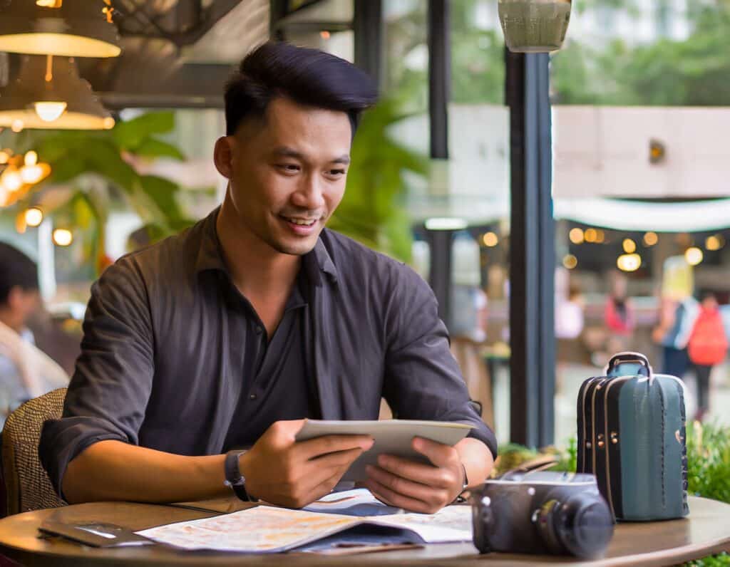 Firefly image of a young adult planning their travels at a cafe. Generated by Adobe Firefly.