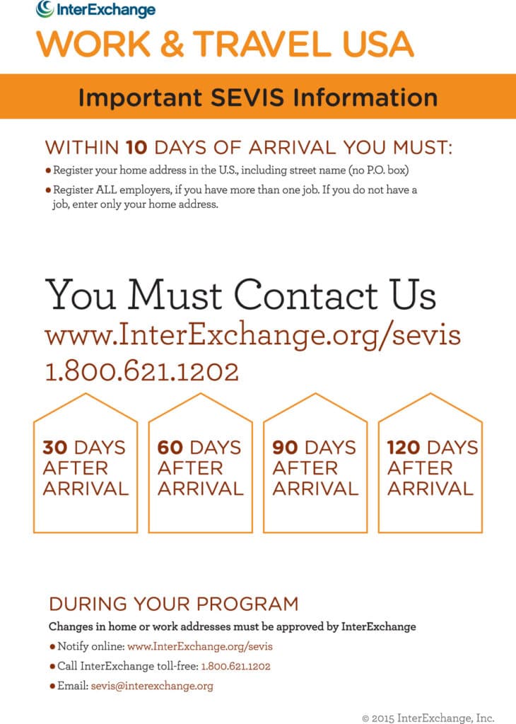 Work & Travel USA by InterExchange SEVIS Important Information flyer