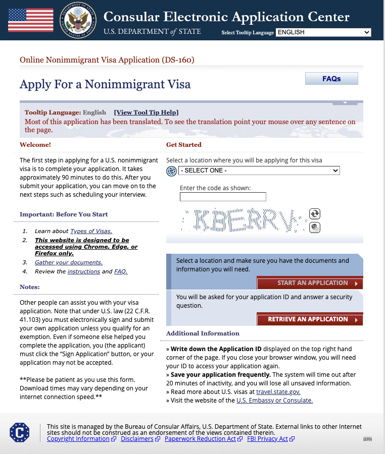 Sample DS-160 online application page